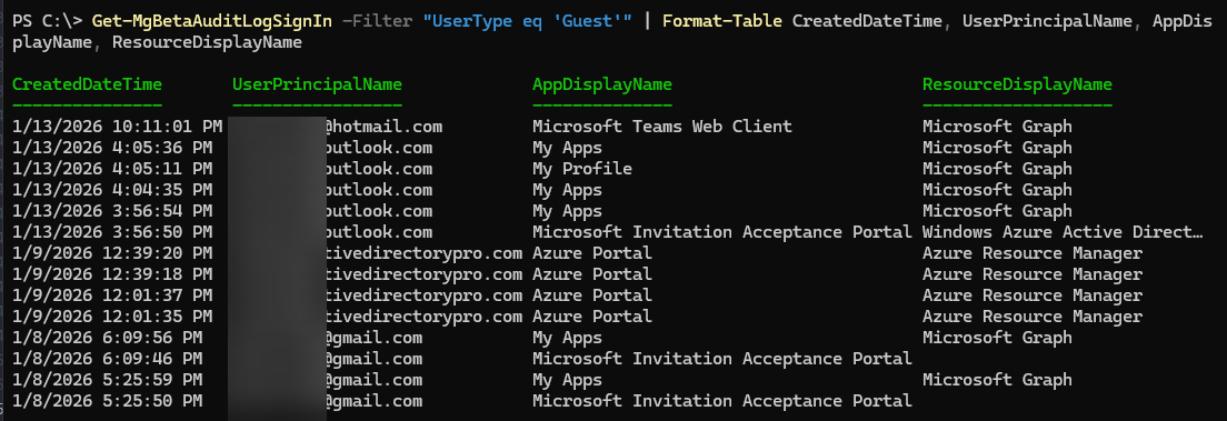 guest sign in logs powershell