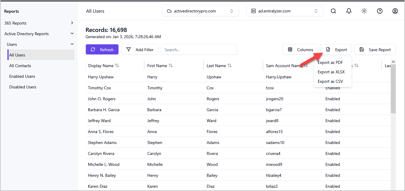 export ad users with entralyzer