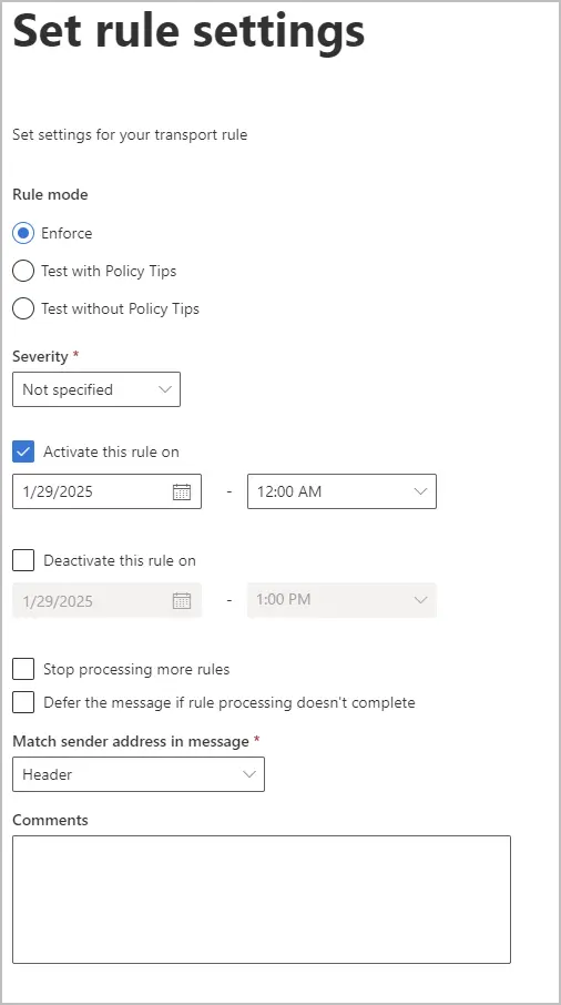 mail flow rule settings