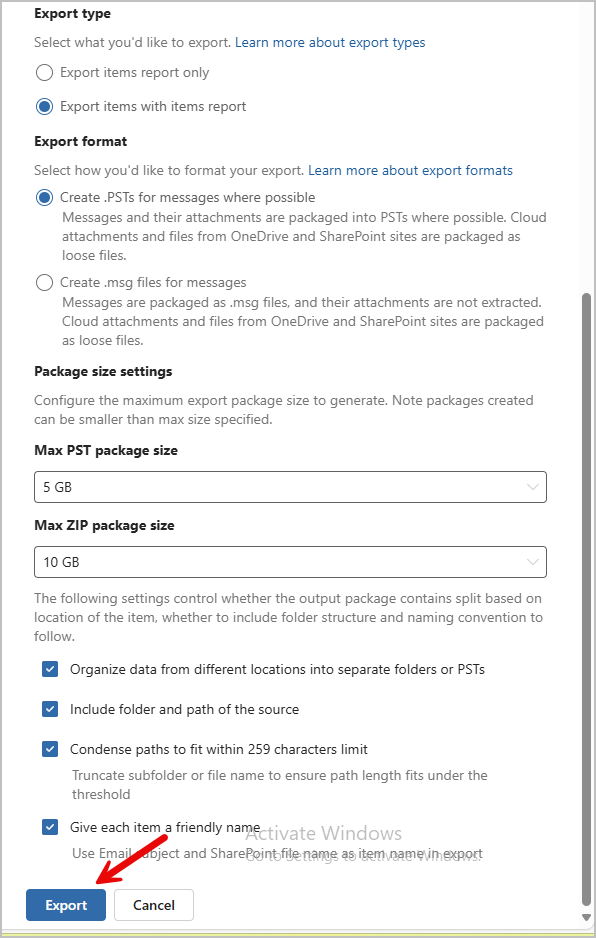 click export button