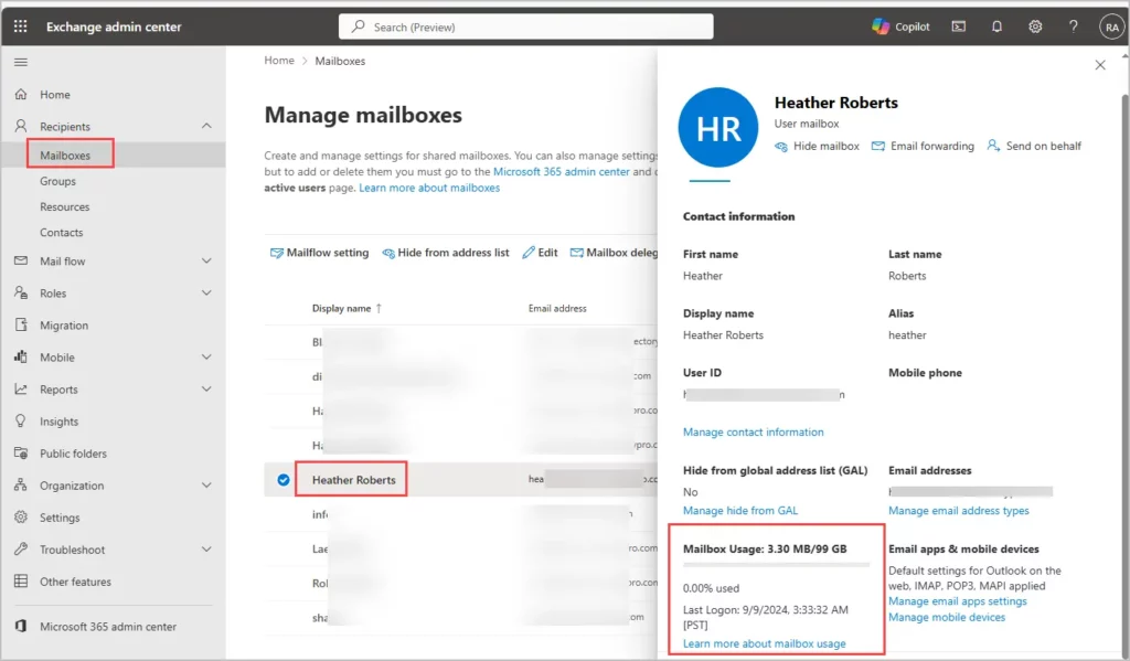 mailbox user admin center