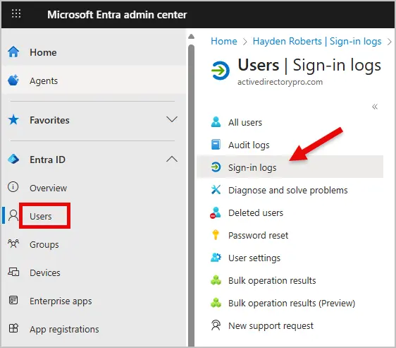 admin center sign in logs