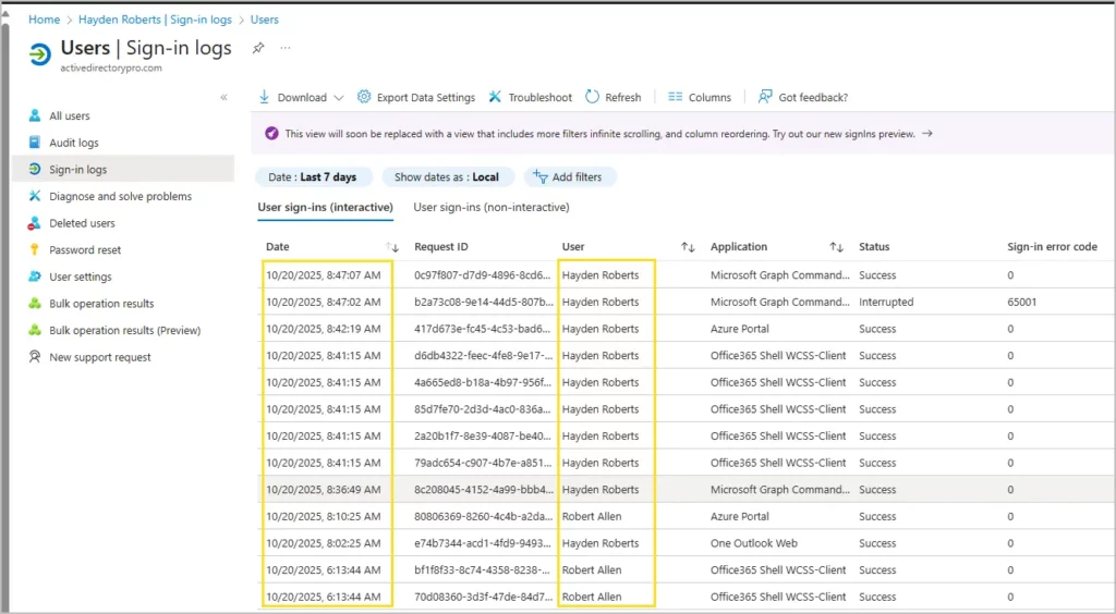 sign in logs for single user