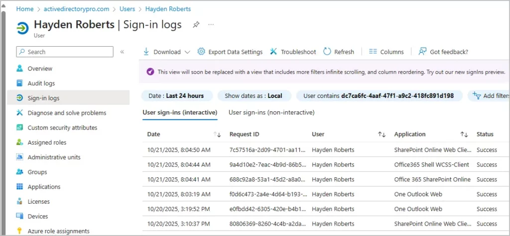 view single user logs