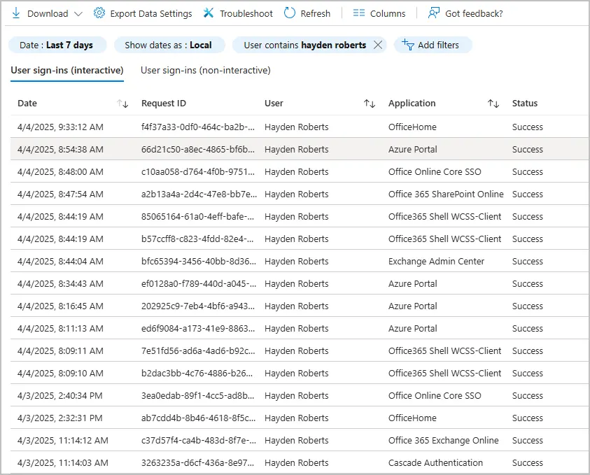 list of sign in logs by user