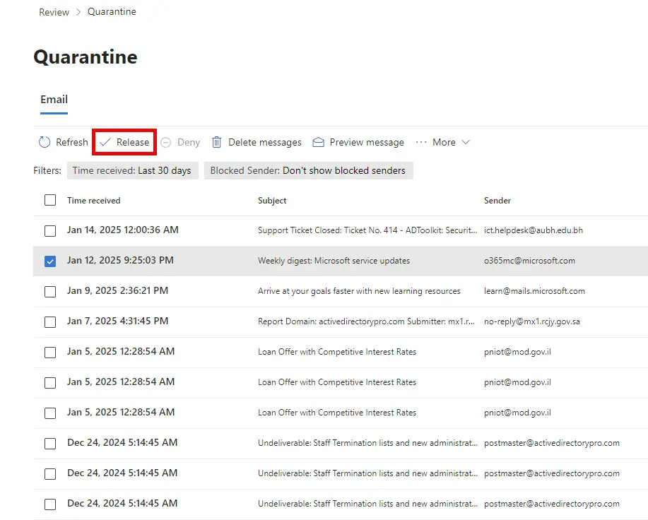 Release Emails from Quarantine